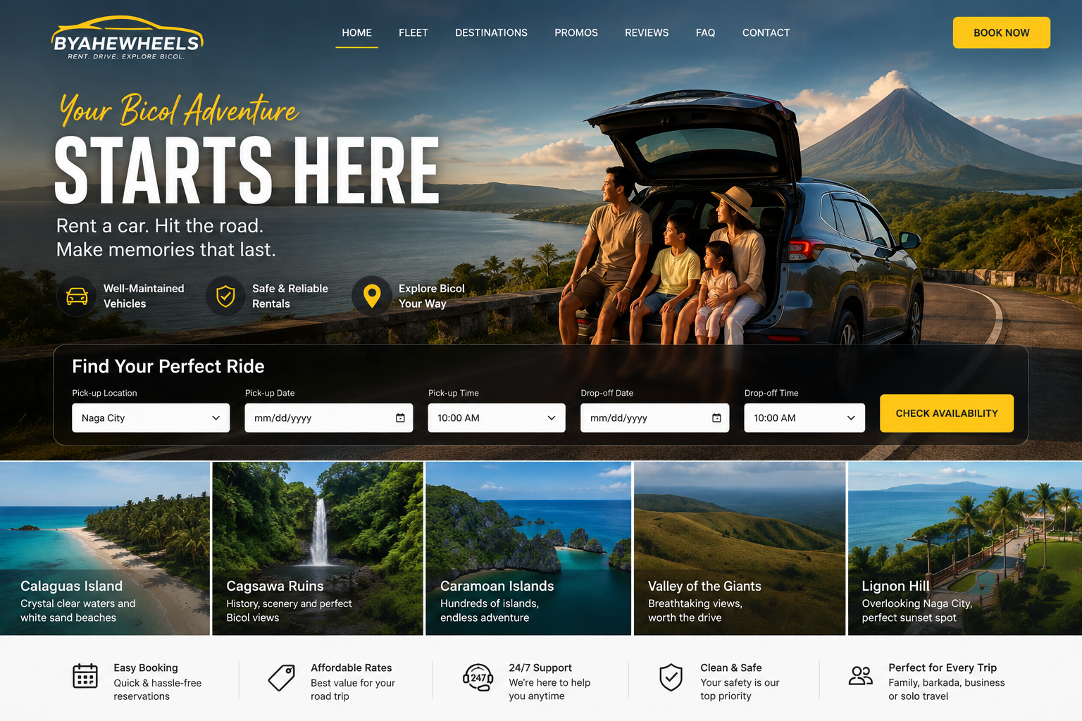 Family road trip in Bicol with a rental vehicle and scenic tourist destination